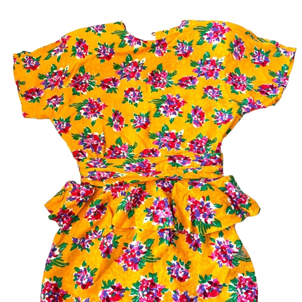 Vintage 80's Argenti Yellow Floral‎ Silk Peplum Pencil Dress S - Picture 4 of 8